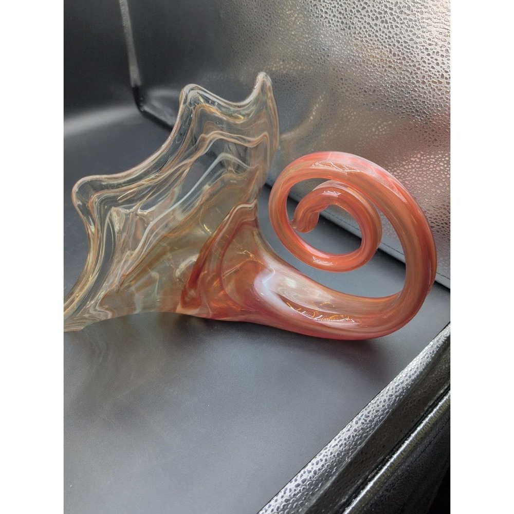 Vtg. large Sooner Art Hand Blown Glass Lotus Cornucopia Orange Vase - Picture 4 of 10